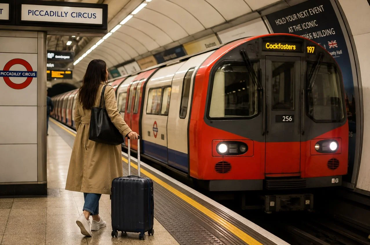 Un tren del metro de Londres de la Piccadilly line con equipaje