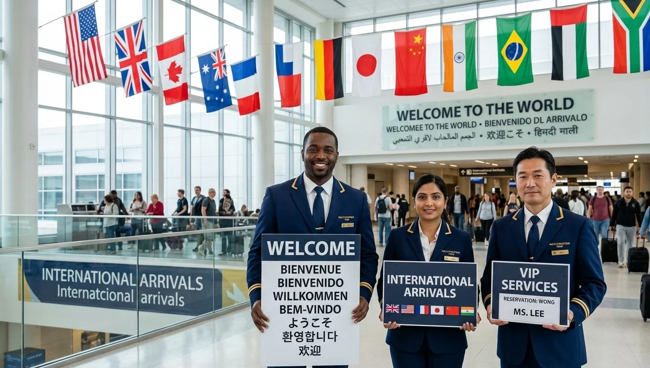 Multilingual chauffeur greeting international arrivals at London airport