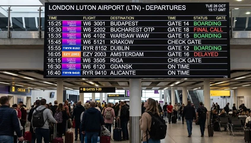 Luton Airport departure board showing Wizz Air and easyJet flights to European destinations