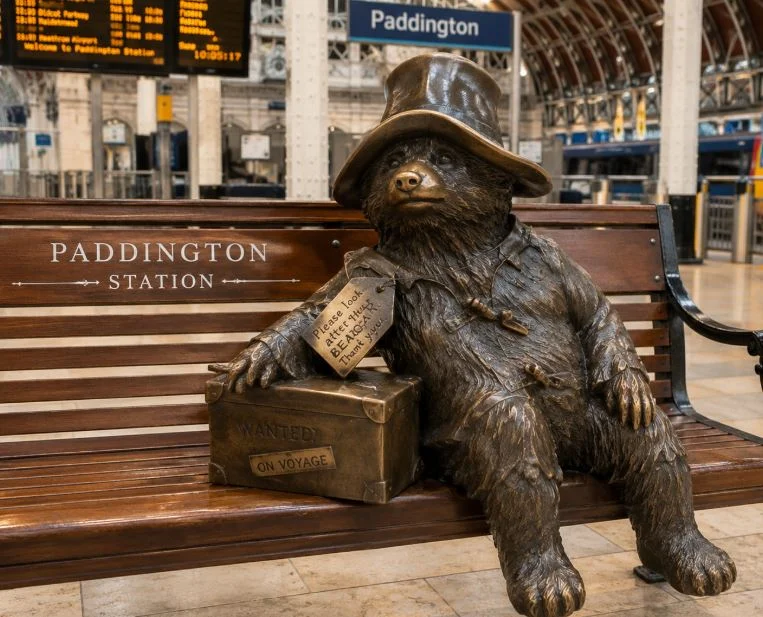 The bronze Paddington Bear statue at Paddington Station, London