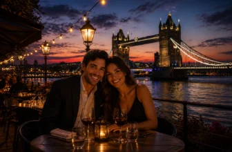 Tower Bridge from a riverside restaurant terrace at dusk