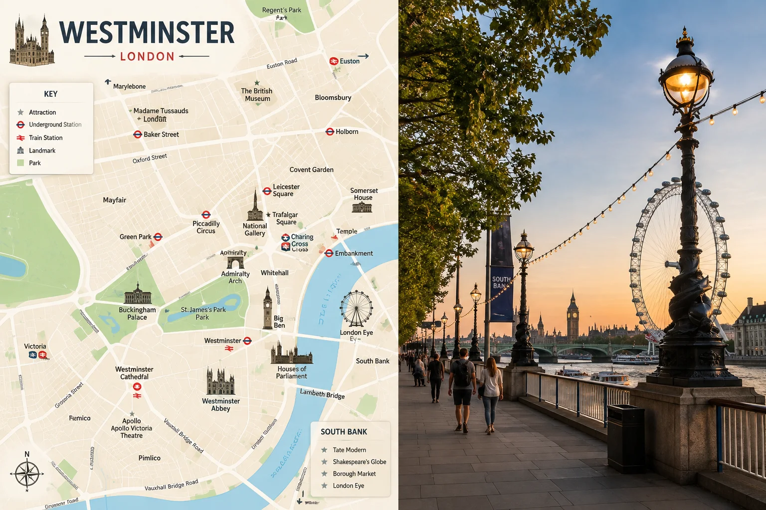 Walking route through Westminster toward Big Ben, London