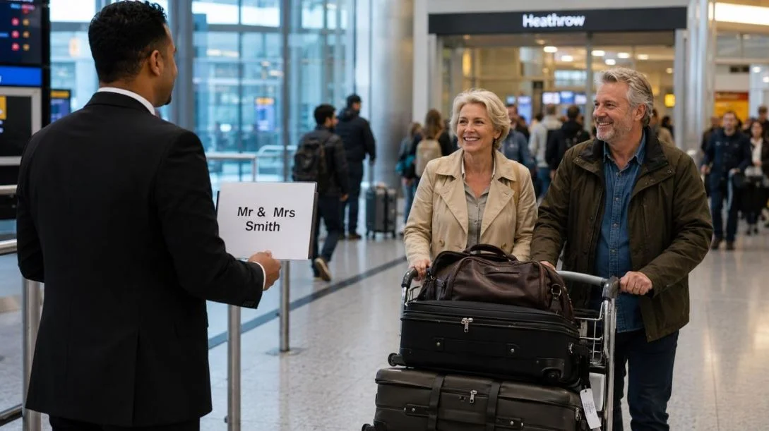 A chauffeur meeting a traveller in the arrivals hall at Heathrow