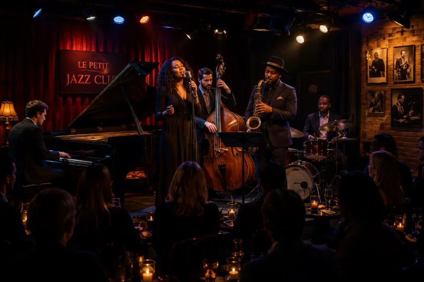 Live jazz performance on a small London stage