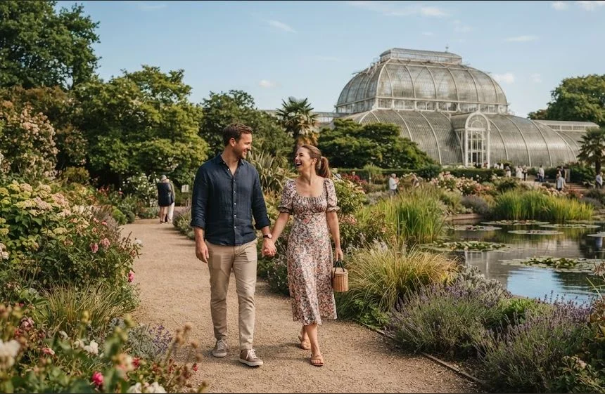 Couple walking hand in hand through Kew Gardens