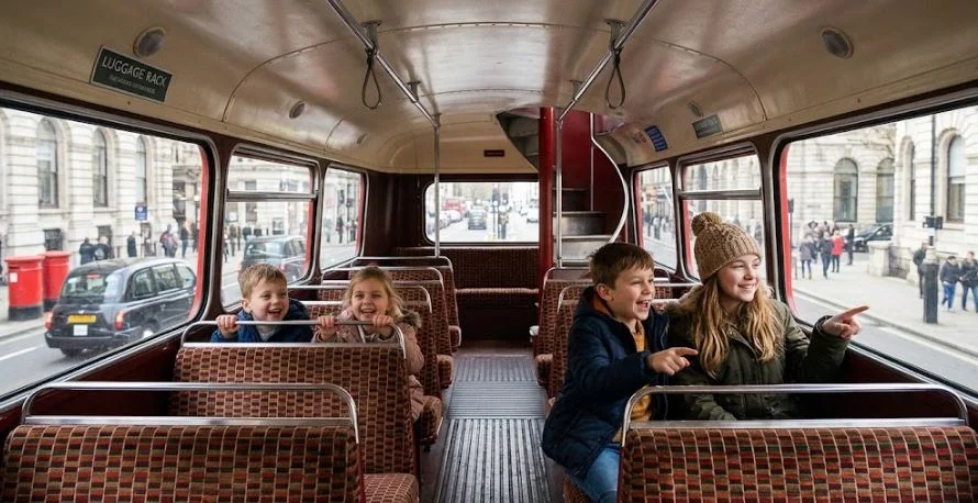 Family boarding a red London double-decker bus near a landmark