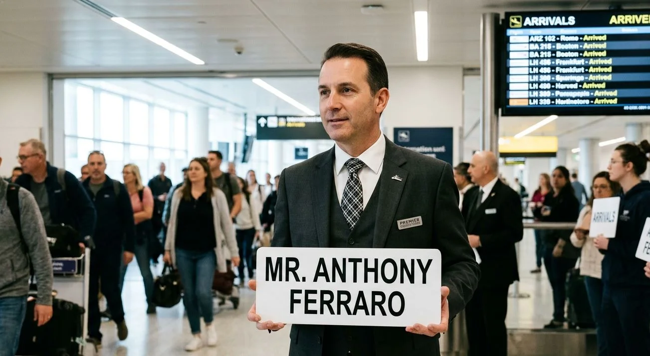 Chauffeur holding personalised name board at airport arrivals
