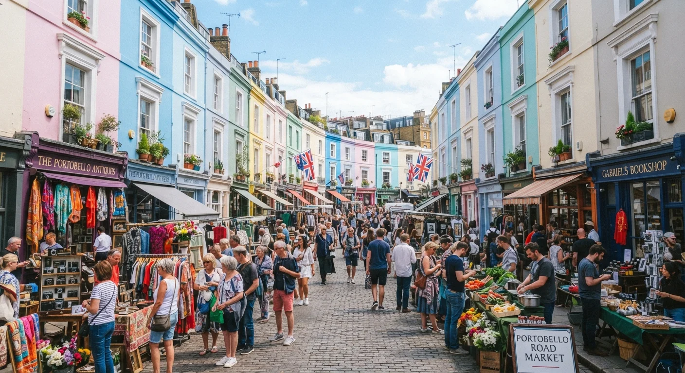 Casas em tons pastel numa rua de Notting Hill, Londres