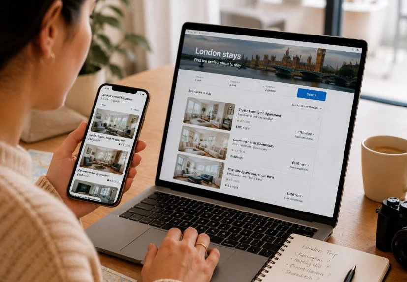 Traveller comparing London hotel prices on a laptop