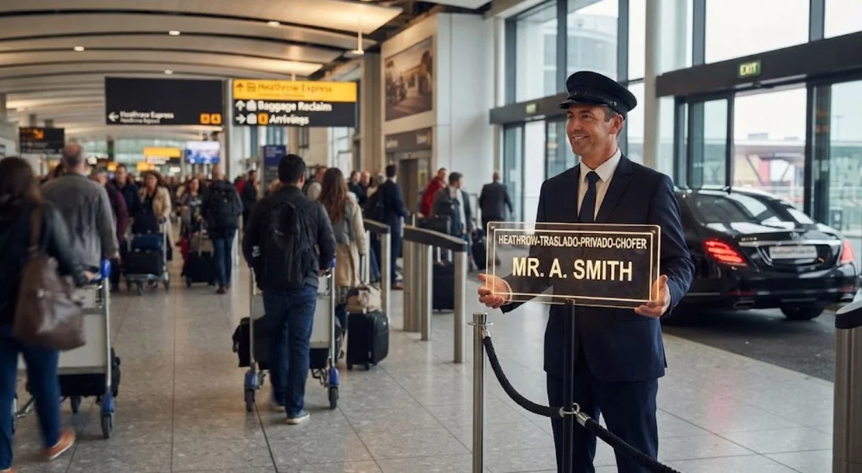 Un chofer recibiendo a un viajero en la sala de llegadas de Heathrow