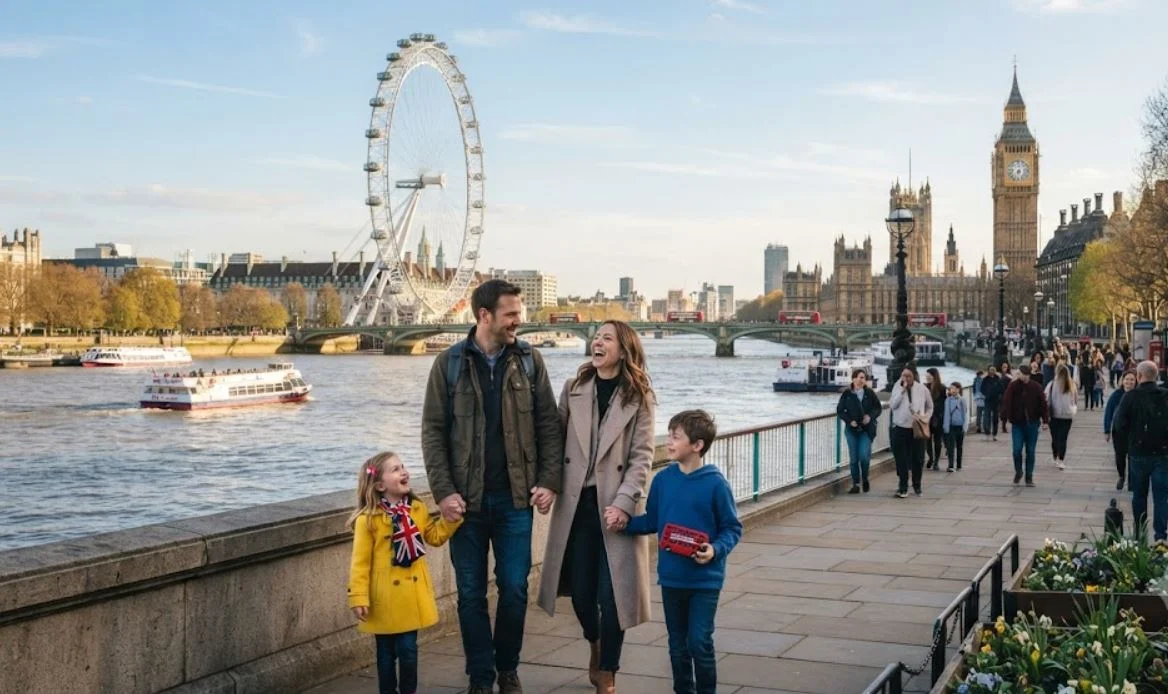 Family walking along the Thames with Big Ben and the London Eye