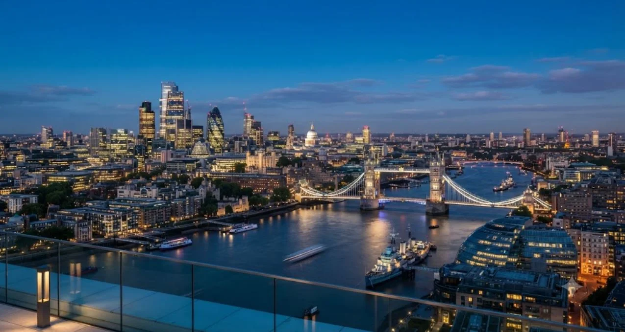 London skyline with Tower Bridge at blue hour viewed from a rooftop