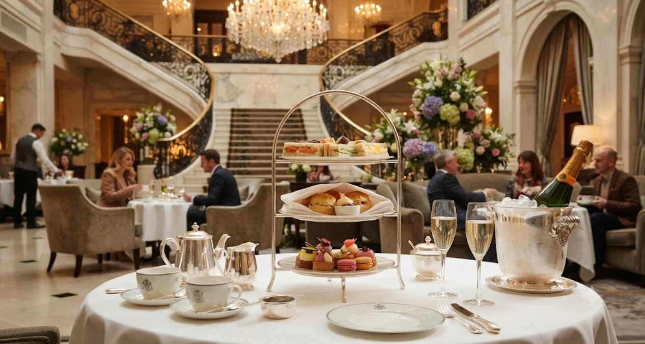 Luxury hotel interior in London with elegant lobby and grand staircase