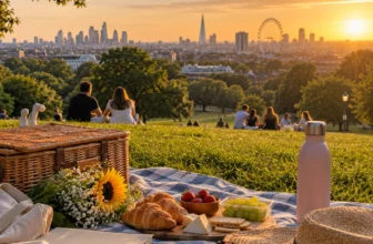 A group of friends enjoying a sunny picnic blanket spread out on the lush green grass near the edge of the Serpentine lake in Hyde Park, London, with pedal boats visible on the water.