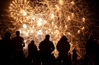 Silhouetted crowd watching a fireworks display burst across the night sky