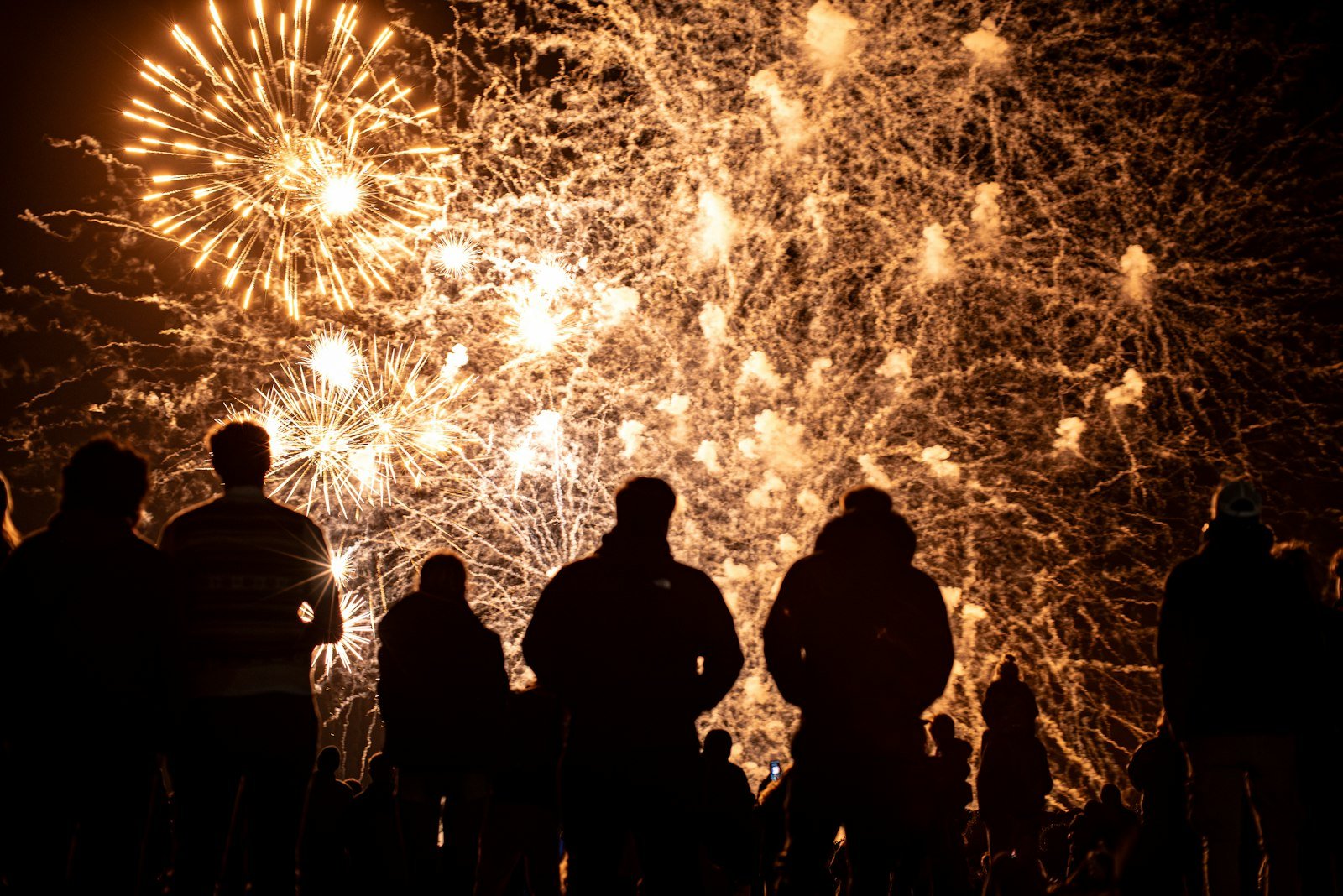 Silhouetted crowd watching a fireworks display burst across the night sky