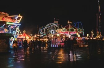 Fairground rides and lights at night at a London winter funfair