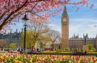 Vibrant autumn view of the Elizabeth Tower and Houses of Parliament across the Thames in London