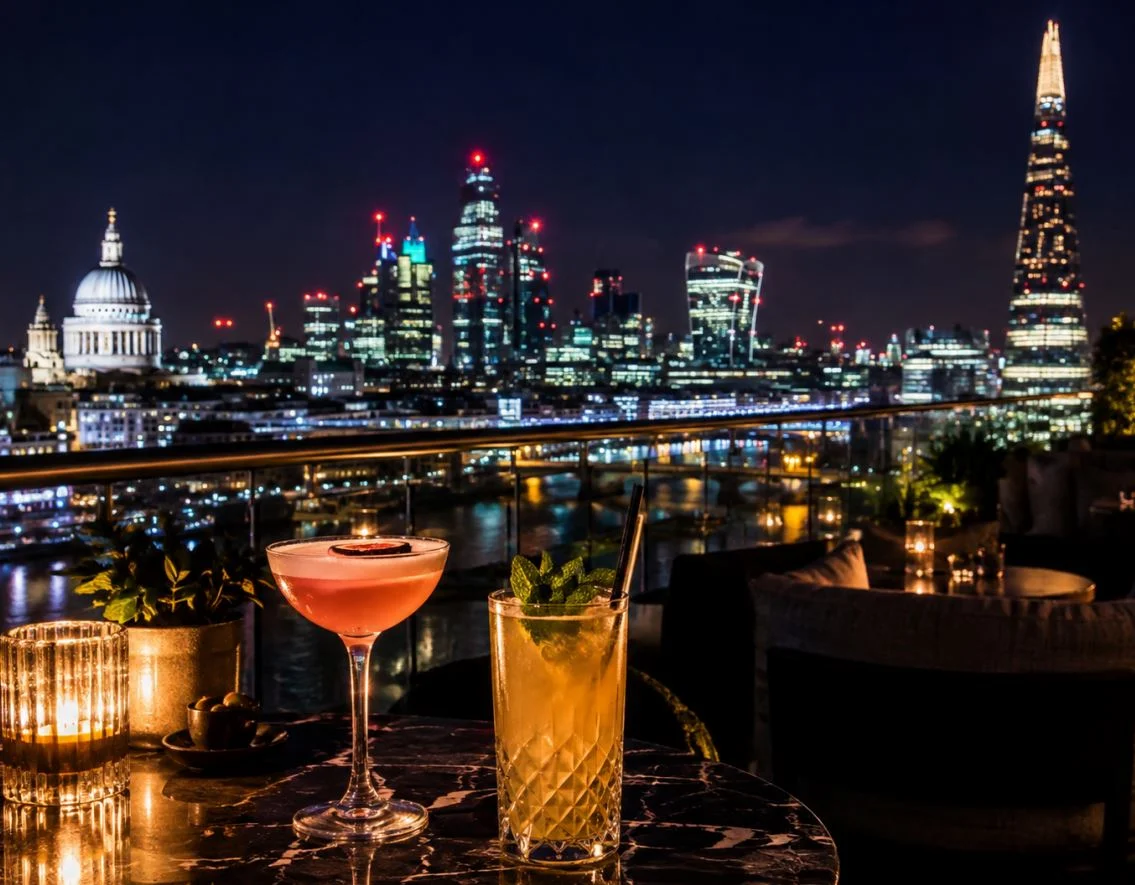 Cocktails on a London rooftop bar at night with the illuminated city skyline behind.