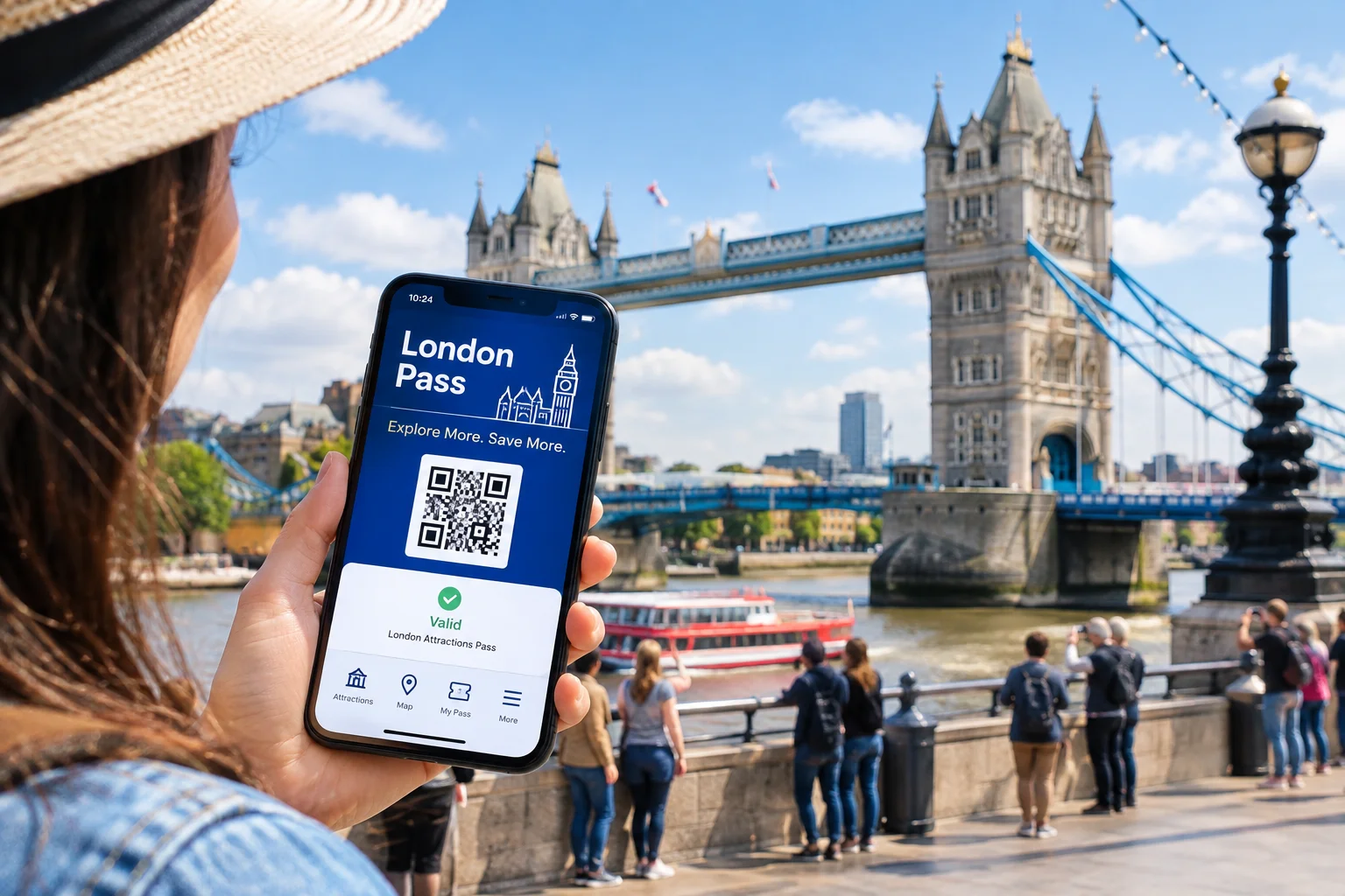 A visitor holding a phone with a digital London pass, a famous attraction behind