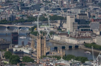 The London Eye and the River Thames viewed from above on a clear day.