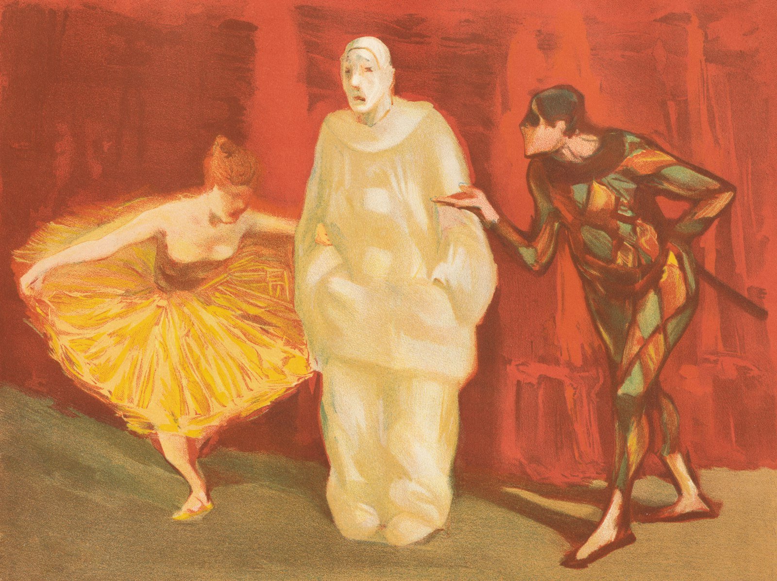 Three performers in bright costumes standing on a red-lit theatre stage